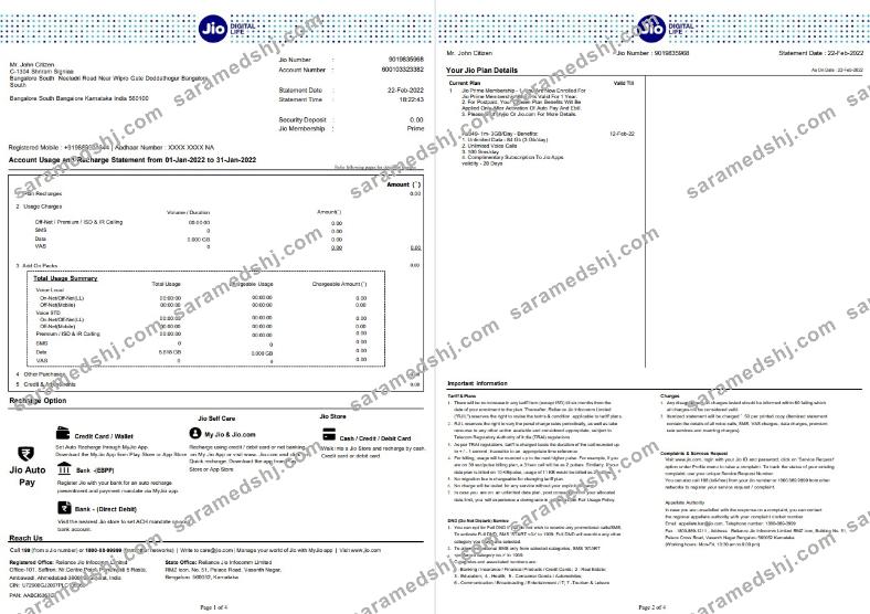 India Jio bank statement 4 pages